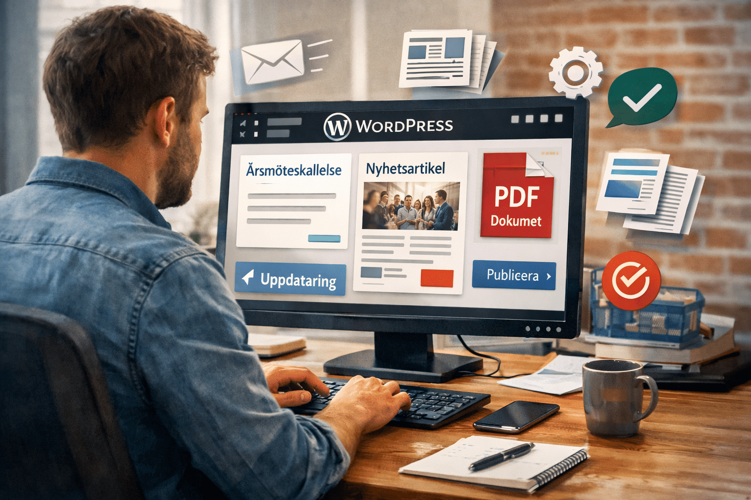 En man sitter vid ett skrivbord och arbetar på en dator som visar en WordPress-webbplatsredigerare. På skärmen visas artikelsidor och ett PDF-dokument, medan digitala ikoner flyter runt - vilket visar på bekväm support från svensk personal.