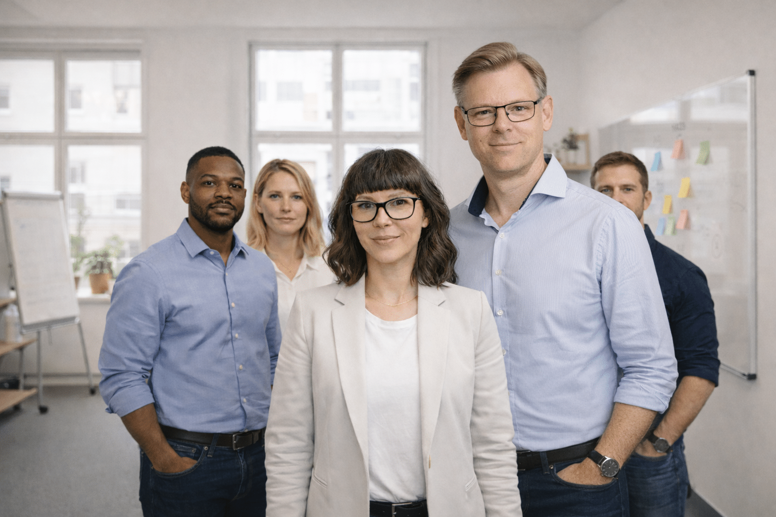 Fem personer står på ett kontor, vända mot kameran. Tre står längst fram, två lite längre bak. Klädda i business casual ser detta svensk personal-team seriöst ut. I bakgrunden syns fönster, en whiteboard och kontorsmöbler för extra trygghet.