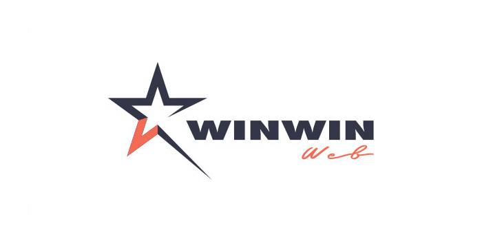En logotyp med en stiliserad stjärna med en orange accent till vänster, bredvid den feta texten WINWIN i mörka bokstäver, med "web" i kursiv orange under - representerar svensk personlig och pålitlig svensk support på en vit bakgrund.