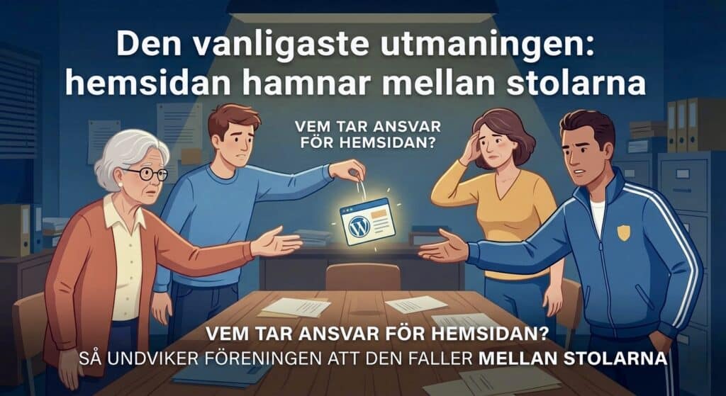 Fyra personer i olika åldrar sitter runt ett bord på ett kontor och diskuterar en webbplats för föreningar som visas på en datorskärm. Text på svenska om webbplatsansvar och WordPress är inlagd i bilden.