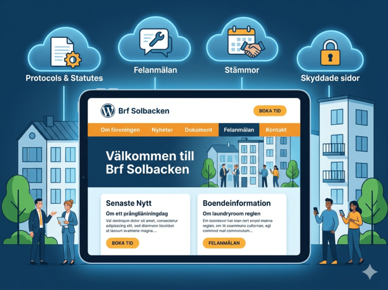 Illustration av en surfplatta som visar en webbplats för Brf Solbacken med menyval och nyhetsuppdateringar. Runt surfplattan finns ikoner märkta Protokoll & Stadgar, Felanmälan, Stämmor och Skyddade sidor, med människor som står i närheten.