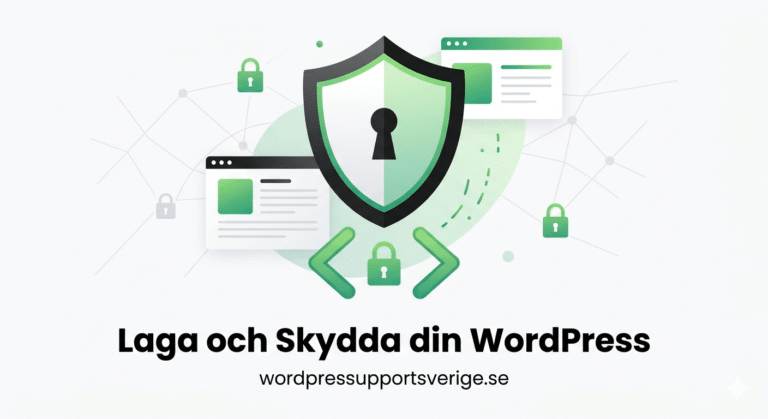 En illustration av en sköld med ett nyckelhål i mitten, omgiven av hänglåsikoner och webbplatsfönster. Texten nedanför lyder "Laga och Skydda din WordPress" och "wordpresssupport sverige.se".