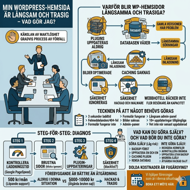 En infografik på svenska som förklarar varför WordPress-webbplatser blir långsamma eller felaktiga, med en lista över orsaker, tecken och diagnostiska steg, med illustrationer av enheter, kugghjul, checklistor, lås och personer som tar itu med webbplatsens problem.