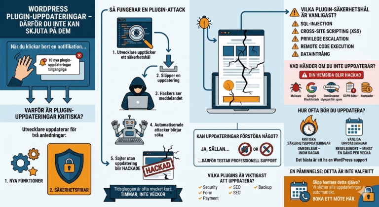 Infografik som förklarar vikten av uppdateringar av WordPress-plugin, risker med föråldrade plugin, hur plugin-attacker sker, vanliga sårbarheter i plugin och tips för bättre pluginsäkerhet, med ikoner, diagram och markerad text.