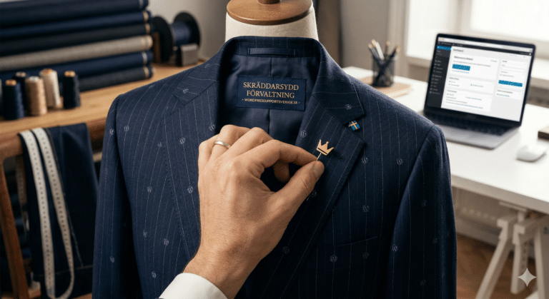 En persons hand fäster en kavajnål med guldkrona på en mörkblå kritstrecksrandig kostymkavaj som visas på en skyltdocka. Kavajen har en etikett på insidan och i bakgrunden syns tygrullar och en symaskin.