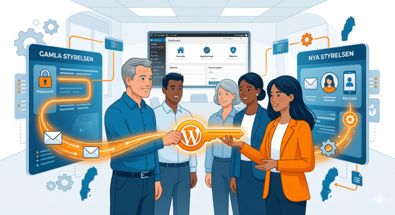 En grupp på fem professionellt klädda personer står på ett kontor, där en person ger en stor orange nyckel med WordPress-logotypen till en annan. Två digitala gränssnitt märkta Gamla Styrelsen och Nya Styrelsen visas.