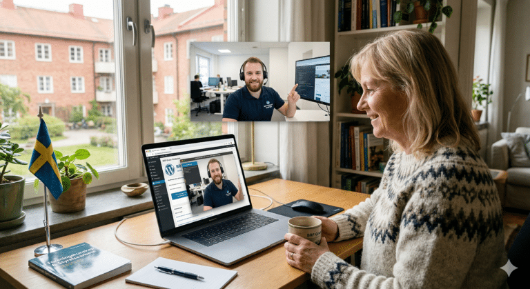 En kvinna sitter vid ett skrivbord med en laptop och använder Webbsupport för ett videosamtal med en man. Hon håller i en mugg och på skrivbordet ligger en liten svensk flagga. Genom fönstret ser man flerfamiljshus och grönska utanför.