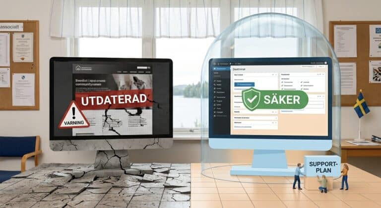 Två datorskärmar visas; den vänstra visar en varning och UTDATERAD på sprucken mark, medan den högra visar en grön sköld märkt SÄKER under en skyddande kupol, med två små figurer som placerar en SUPPORT PLAN-skylt.