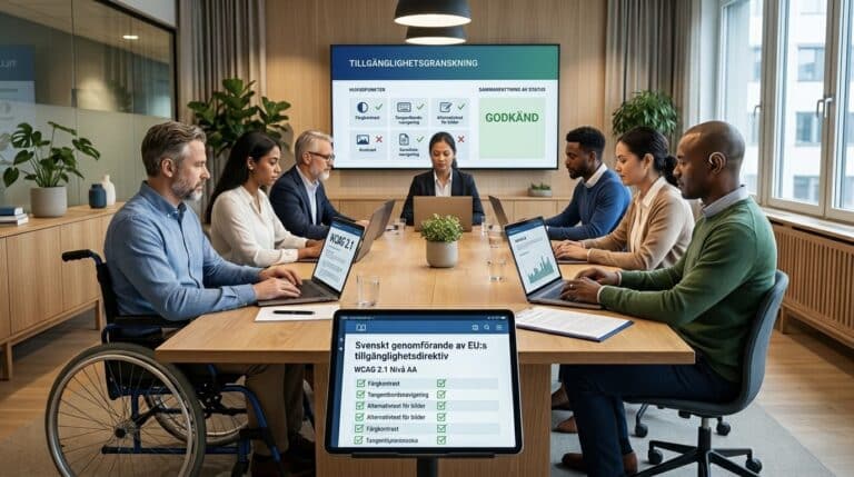 En grupp på sex personer med olika bakgrund i ett modernt kontor sitter runt ett bord med bärbara datorer. På en stor skärm visas en sammanfattning av efterlevnaden av tillgänglighetskraven på svenska. En person i rullstol sitter vid bordets ände.