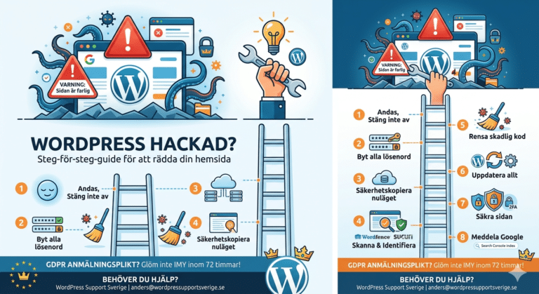 Infografik på svenska om vad man ska göra om en WordPress-webbplats blir hackad, med ikoner av lås, varningstriangel, sköld, stege och steg-för-steg-återställningstips. Kontaktuppgifter till WordPress support visas längst ner.