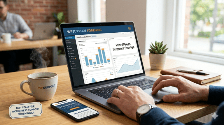 En person använder en laptop som visar webbplatsanalys för WordPress Support Sveriges föreningshemsida vid ett träbord. En smartphone, en kaffekopp med varumärke och en skylt om digital tillgänglighet i supportteamet är också närvarande.